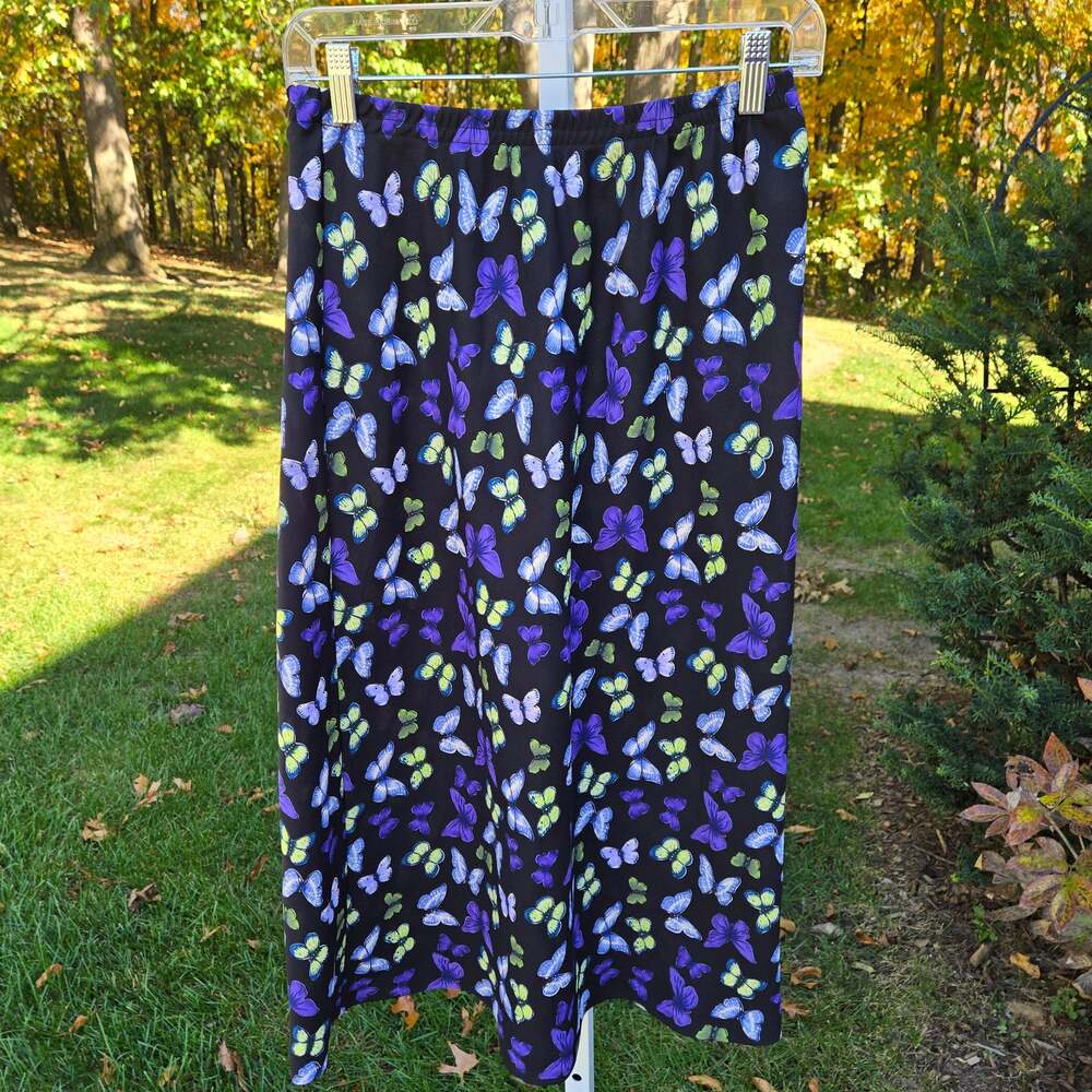 Vintage Leslie Fay Black Multicolor Butterfly Midi Skirt Fairy size 12 Petite
